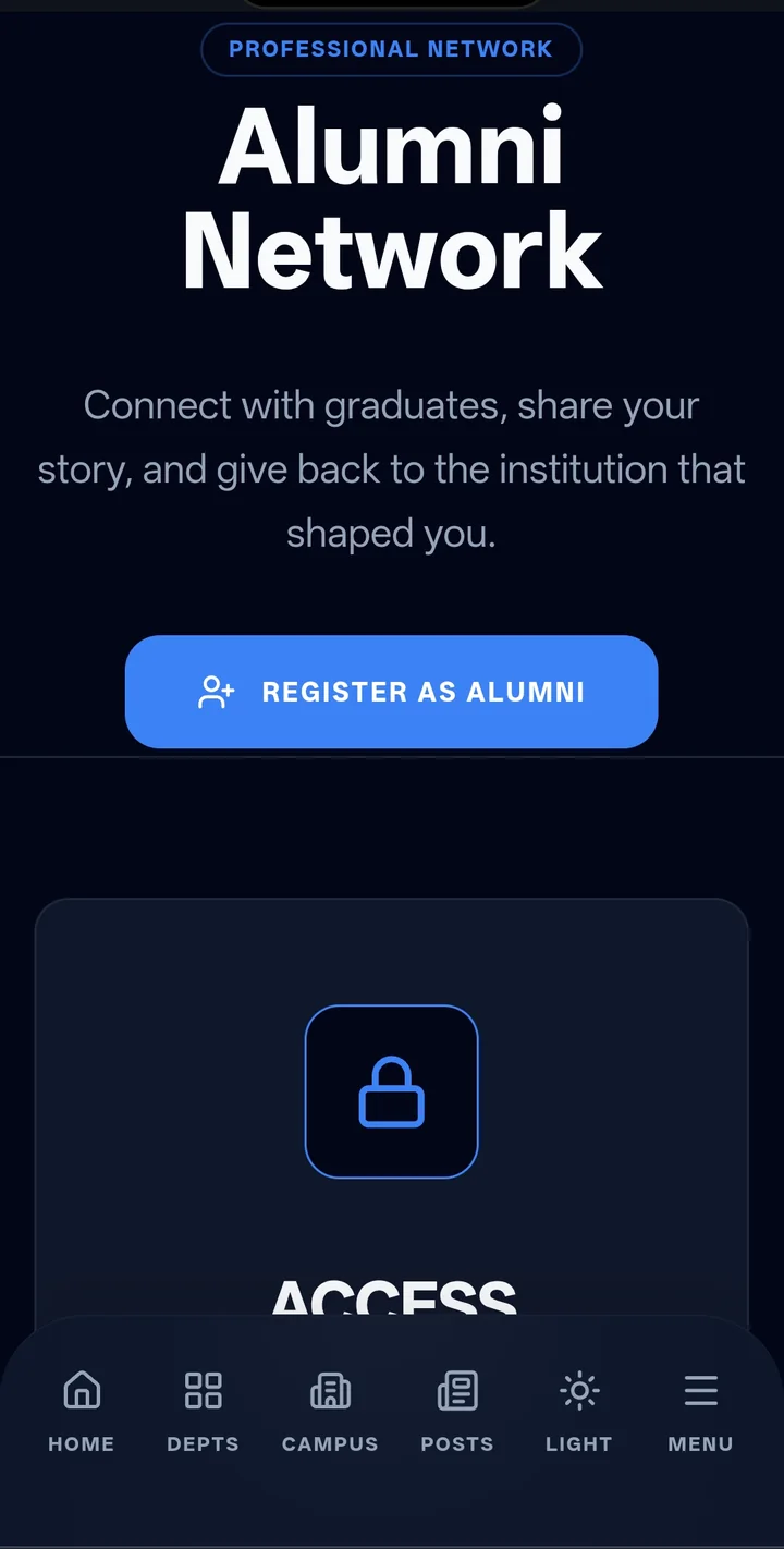 Alumni Network screen with a register as alumni button